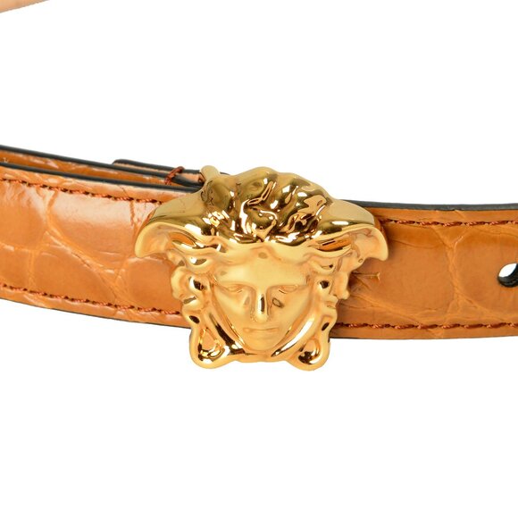 Versace Brown Croc Print 100% Leather Gold Medusa Head Skinny Belt US 22 IT 55 - Picture 3 of 5